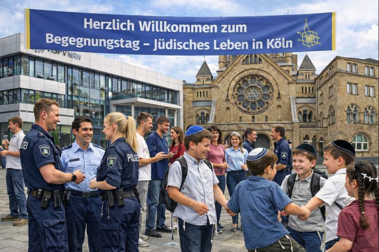 Es ist ein Hochschulgebäude, eine Synagoge, Polizeianwärter/-innen und Kinder zusehen